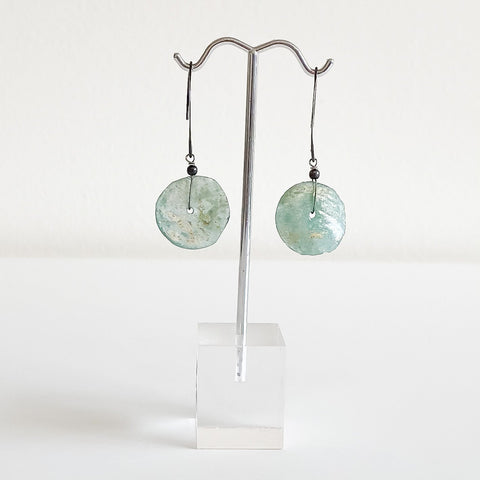Ancient Glass Earrings, Aqua Circle on Silver Almond Hoop