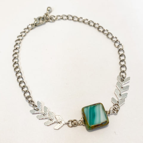 Chevron Chain & Blue Square Glass Bead Bracelet