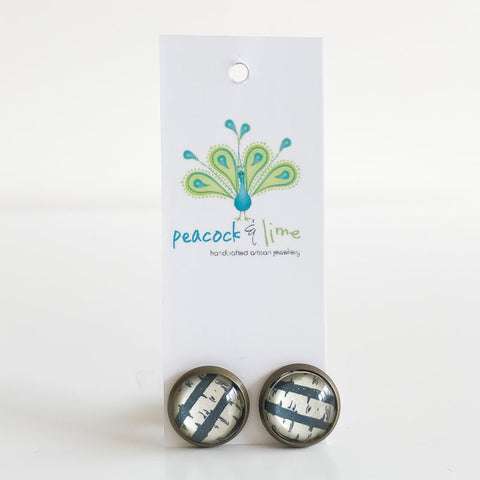 Image Bezel Stud Post Antique Brass Earrings - Birch Trees