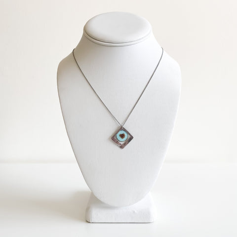 Sterling Silver Square With Enameled Brass Circle Heart Necklace