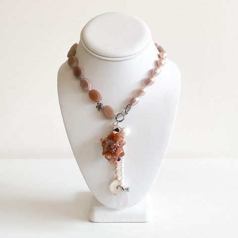 'Pema' Sunstone Pearl Quartz & Shell Necklace