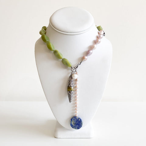 'Pema' Necklace with Olive Jade, Pearl, Lapis