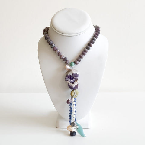 Necklace Tibetan Lavender, Amethyst, Blue Lace Agate