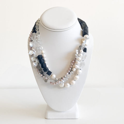 Freshwater Pearls, Black Lava Rock & Quartz Necklace